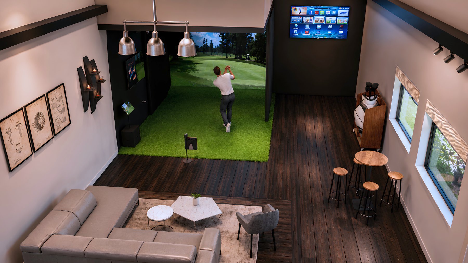 Concept render of a golf simulator and lounge